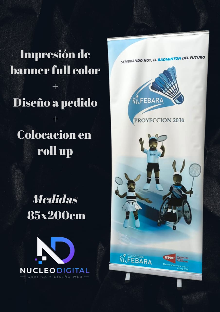 Banner roll up de 85x200 cm impreso full color para FEBARA, montado en su estructura.