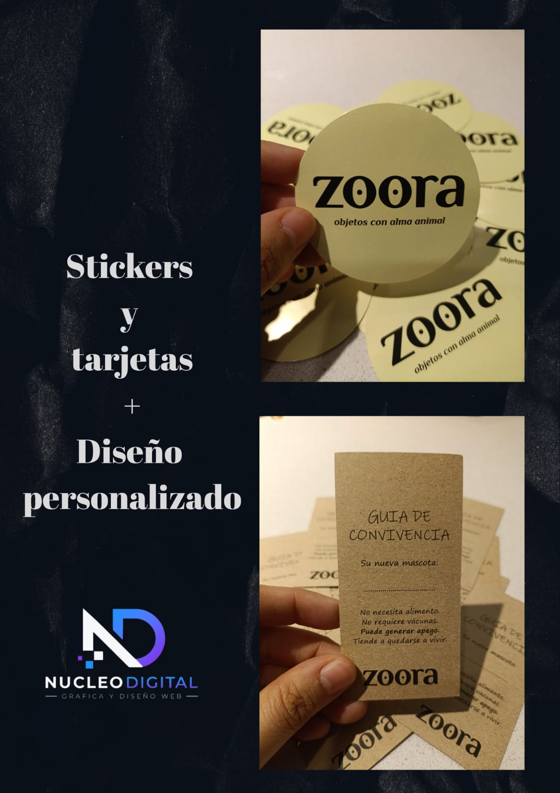 Stickers circulares y tarjetas Guía de Convivencia impresas para la marca Zoora.
